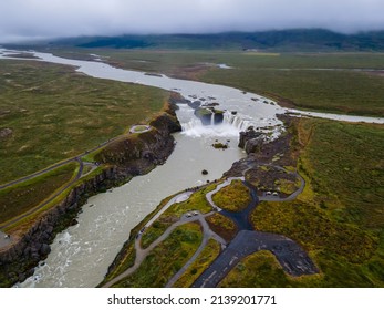 Beautifulaerial view of the massive Godafoss waterfall in Iceland, la waterfall of the gods -Goðafoss	