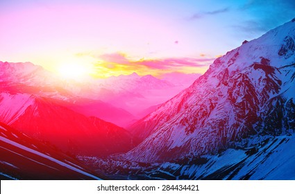 Beautifull Cloudy Sunrise In The Mountains With Snow Ridge