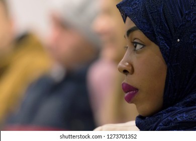 Beautifull Female African Muslim  Student With Hijab  Listen Carefully During Seminar. Study Event, Workshop,  Plan Creative Job, Customer Support Service, Case Hear In Court, Leader Performance.