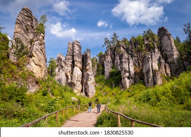 Beautifull rocky city in summer day with blue sky, adrspach, czech republic