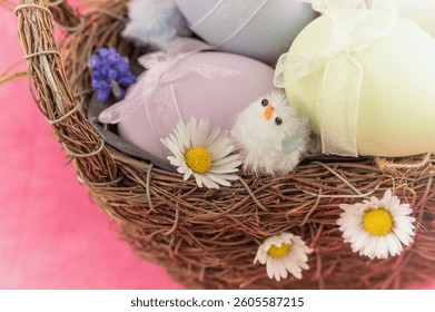 A beautifully arranged festive Easter basket brimming with pastelcolored eggs and an endearing fluffy chick