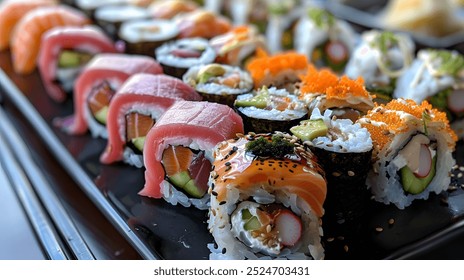 A beautifully arranged platter of assorted maki sushi rolls, showcasing a colorful array of fresh ingredients and delicate craftsmanship. - Powered by Shutterstock