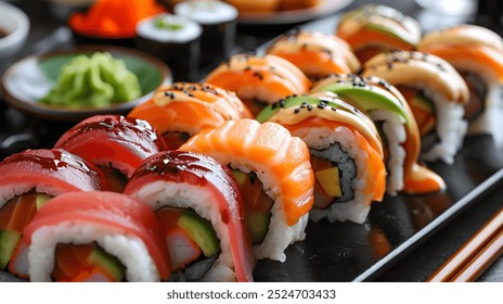 A beautifully arranged platter of assorted maki sushi rolls, featuring a colorful and delicious selection perfect for sushi enthusiasts.