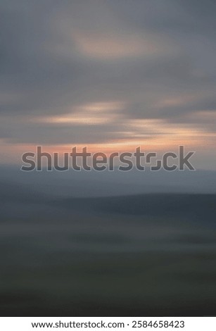 Image, Stock Photo An ethereal landscape showcasing a blur of golden wildflowers against a backdrop of serene trees under a soft, hazy sunrise
