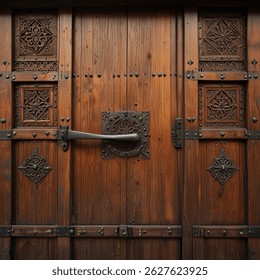 A beautifully crafted wooden door adorned with intricate carvings and ornamental metalwork. The symmetrical design features square panels with geometric and floral motifs, creating a time