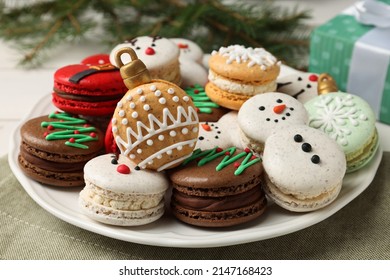 Beautifully decorated Christmas macarons on table, closeup - Powered by Shutterstock