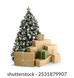 A beautifully decorated Christmas tree stands proudly, surrounded by wrapped gifts isolated on white background