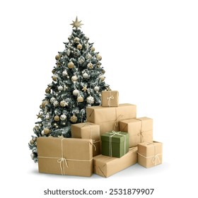 A beautifully decorated Christmas tree stands proudly, surrounded by wrapped gifts isolated on white background - Powered by Shutterstock