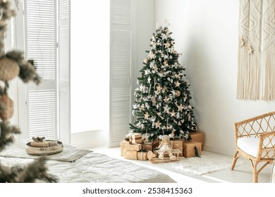 A beautifully decorated Christmas tree stands in a bright, minimalist living room. Wrapped gifts surround the base of the tree, creating a warm holiday atmosphere. - Powered by Shutterstock