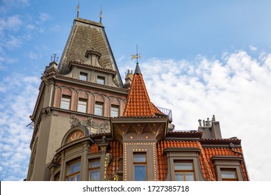 Beautifully decorated residential building on Parizska street in Old Town of Prague in Czech Republic
