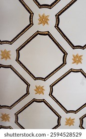 A beautifully designed ceiling featuring a symmetrical geometric pattern with floral motifs in gold and black.