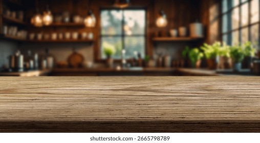 A beautifully designed kitchen features a rustic wooden countertop illuminated by natural light, with vibrant plants in the background. Warm, inviting atmosphere enhances the space.
