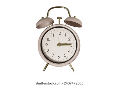 A beautifully designed vintage-style alarm clock with a gold and cream color palette, featuring elegant curves and a classic face, isolated on a transparent background PNG