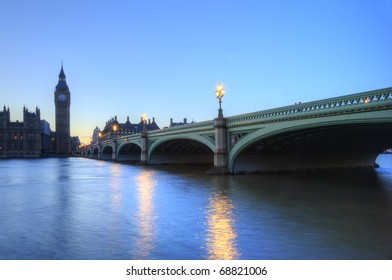 Beautifully Lit Night Cityscape Including London Landmarks On Long Exposure