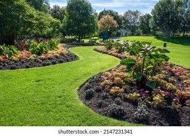 A beautifully manicured lawn and garden is seen in Major's Hill Park behind the Chateau Laurier in Ottawa, Ontario.