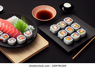 Beautifully Plated Sushi Roll On A Black Background, Dramatic Lighting, Food Photography And Illustration