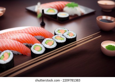 Beautifully Plated Sushi Roll On A Black Background, Dramatic Lighting, Food Photography And Illustration