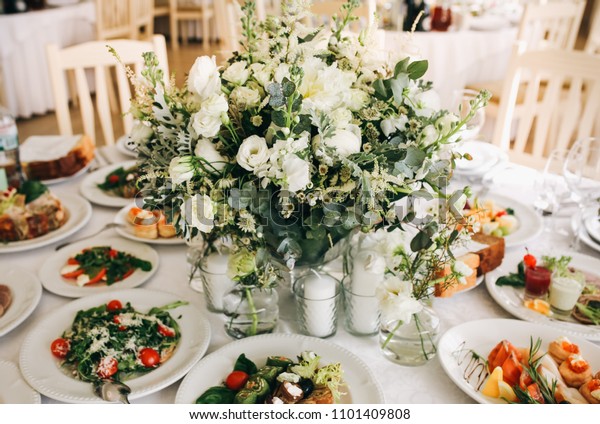 Beautifully Set Round Tables Restaurant Delicious Stock Photo