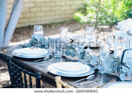 A beautifully set table features elegant glasswear, pristine white plates, and verdant eucalyptus sprigs. It's an intimate outdoor celebration with a rustic wooden table.