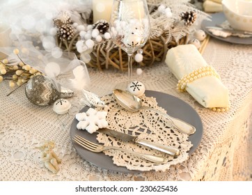 Beautifully Set Table In White Shabby Chic For Christmas Eve