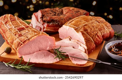 A beautifully sliced smoked holiday ham arranged on a wooden board, garnished with rosemary. The festive background and jar of marinated mushrooms create a cozy and appetizing holiday scene. - Powered by Shutterstock