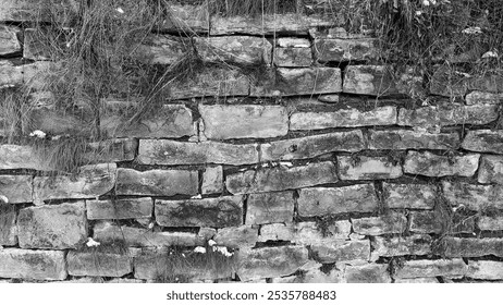 A beautifully textured stone wall adorned with natural moss growth and featuring weathered, aged bricks - Powered by Shutterstock