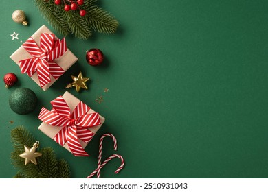 Beautifully wrapped Christmas gifts with red ribbon, festive ornaments, and pine branches on a green background creating a joyful holiday atmosphere - Powered by Shutterstock