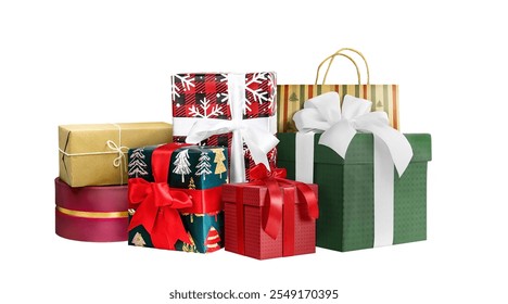 Beautifully wrapped Christmas gifts in various colors and patterns isolated on white, perfect for holiday celebrations. - Powered by Shutterstock