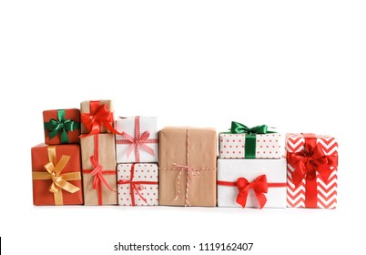 Beautifully Wrapped Gift Boxes On White Background