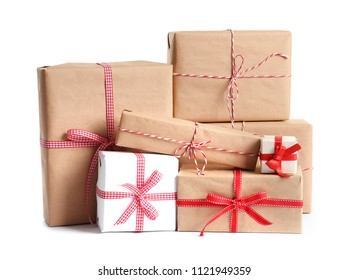 Beautifully Wrapped Gift Boxes On White Background