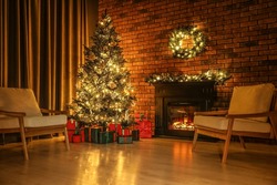 Beautifully Wrapped Gift Boxes Under Christmas Tree In Living Room