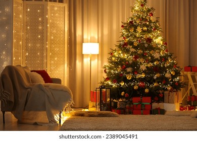 Beautifully wrapped gifts under Christmas tree in living room. Festive interior design - Powered by Shutterstock