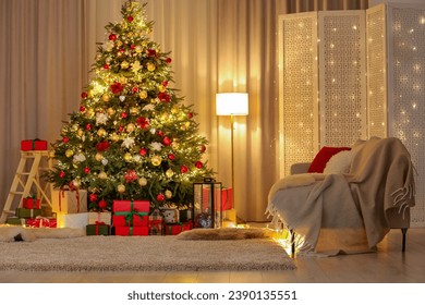 Beautifully wrapped gifts under Christmas tree in living room. Festive interior design - Powered by Shutterstock