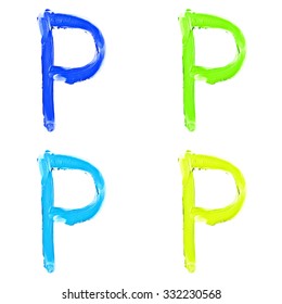 Beauty alphabet set - blue, green and yellow dye letters isolated on white background. "P" letter.