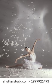 Beauty Ang Grace. Young Graceful Beautiful Woman, Balerina In Image Of White Swan With Feathers In Art Performance Isolated On White Background.