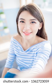 Beauty Asian Woman Take A Selfie And Smile Happily At Home