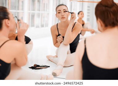 Beauty, ballerina and girl with makeup at mirror to prepare for show, competition or choreography. Ballet, cosmetics or dancer apply mascara on lashes to get ready for creative performance or theater - Powered by Shutterstock