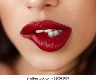 Beauty. Beautiful Woman Face With Red Lipstick On Plump Full Sexy Lips. Closeup Of Girl's Mouth With Professional Lip Makeup, Cosmetic Red Ombre Lipstick On. Cosmetics Concept. High Resolution
