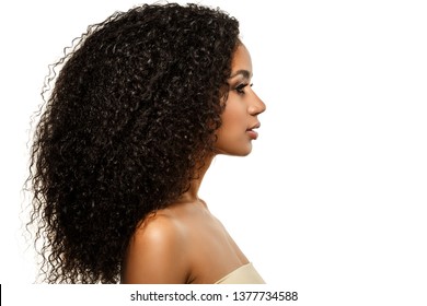 Beauty Black Skin Woman African Ethnic Female Face. Young African American Model With Long Afro Hair. Lux Model In Profile