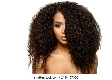 Beauty Black Skin Woman African Ethnic Female Face. Young African American Model With Long Afro Hair. Lux Model.