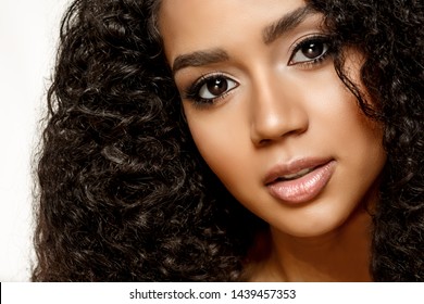 Beauty Black Skin Woman African Ethnic Female Face. Young African American Model With Long Afro Hair. Lux Model.