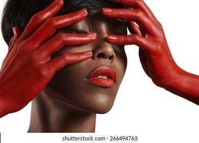 Beauty Black Woman With A Red Lips And Red Hands