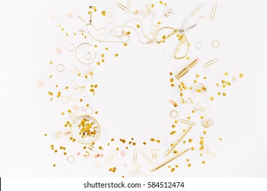 Beauty Blog Background. Gold Style Feminine Accessories Frame. Golden Tinsel, Scissors, Pen, Rings, Necklace, Bracelet On White Background. Flat Lay, Top View.