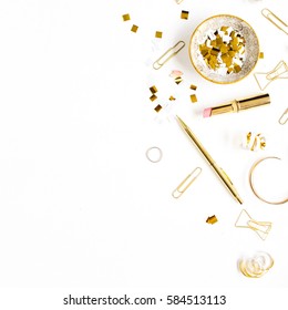 Beauty Blog Background. Gold Style Feminine Accessories. Golden Tinsel, Scissors, Pen, Rings, Necklace, Bracelet On White Background. Flat Lay, Top View.