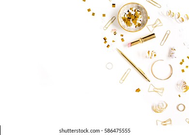 Beauty Blog Background. Gold Style Feminine Accessories. Golden Tinsel, Scissors, Pen, Rings, Necklace, Bracelet On White Background. Flat Lay, Top View