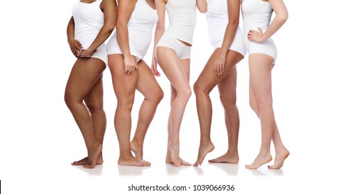 Beauty, Body Positive And People Concept - Group Of Happy Diverse Women In White Underwear