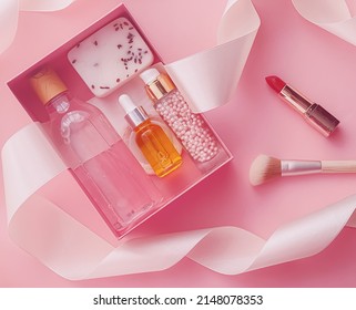 Beauty Box Subscription Package With Skincare, Spa And Makeup Cosmetic Products On Pink Background, Flatlay Design, Natural Cosmetics Gift Delivery Concept