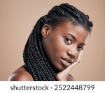 Beauty, braids and portrait of black woman in studio for protective styling, growth and hairstyle. Cosmetics, salon and low maintenance hair with person on background for self care and texture