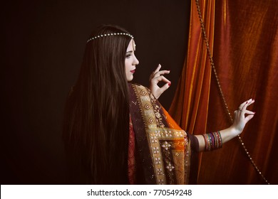 Beauty brunette Indian woman portrait. Hindu model girl with brown eyes. Indian girl in sari. Indian culture - Shutterstock ID 770549248