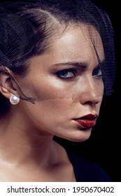 Beauty Brunette Woman Under Black Veil With Red Manicure Close Up, Grieving Widow, Halloween Makeup Luxury